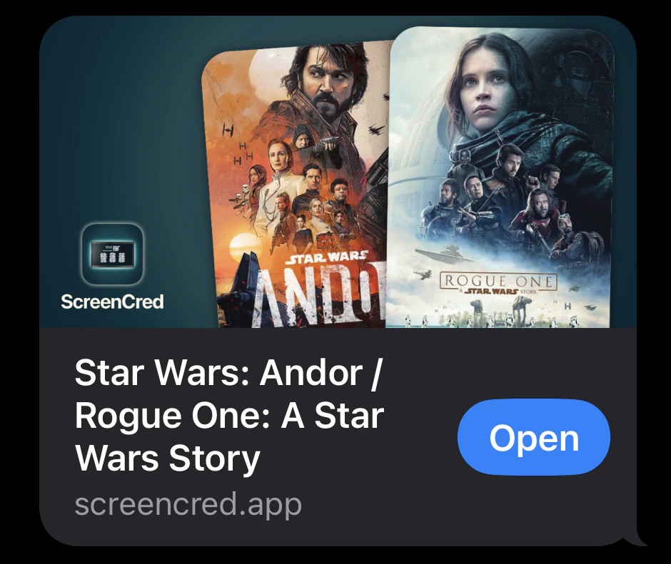 An iMessage card showing a link to the ScreenCred app, with a button to open in the app