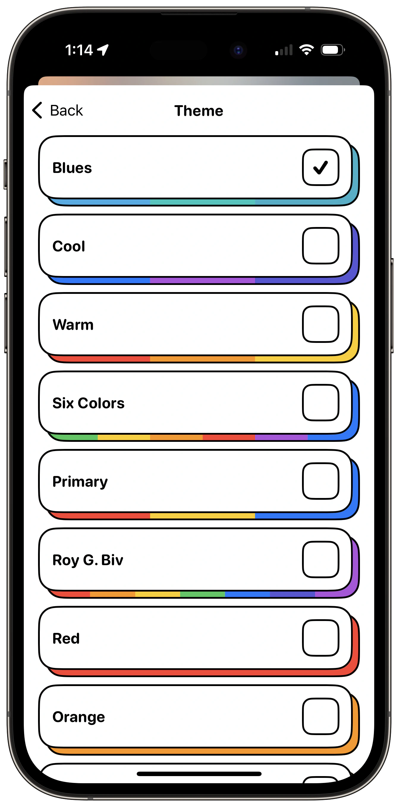 A screenshot showing several color theme options