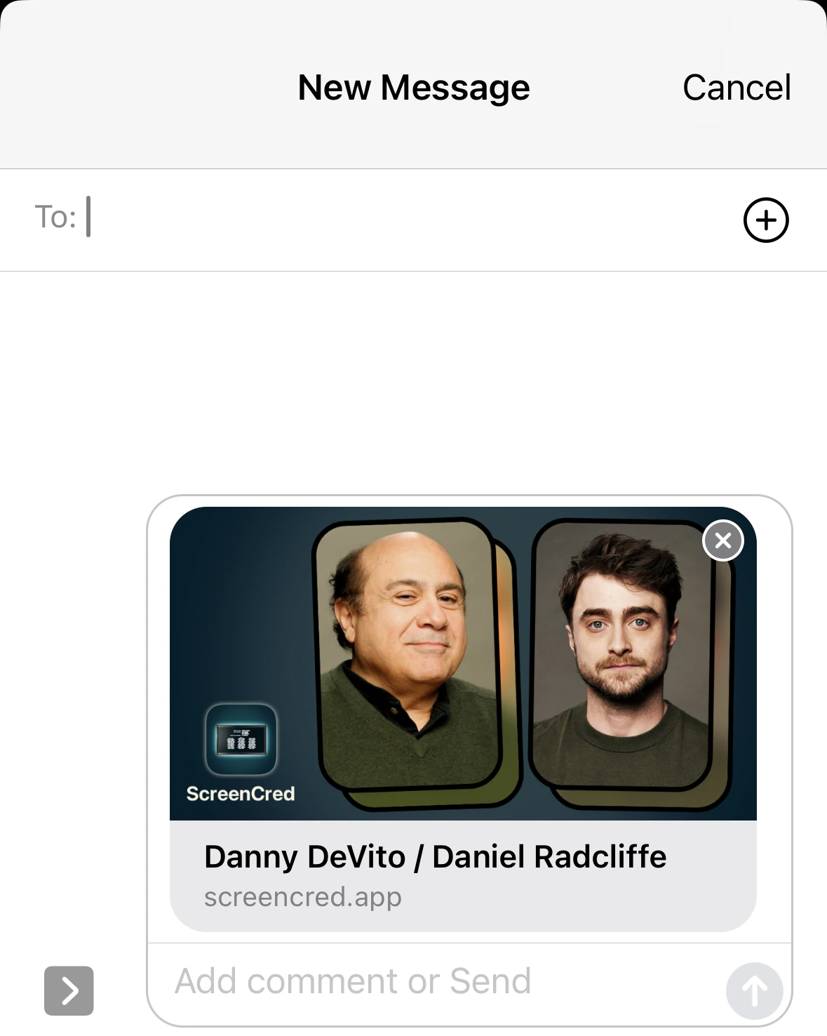 An iOS new message composition sheet with a link to ScreenCreed. The preview image shows Danny DeVito and Daniel Radcliffe.