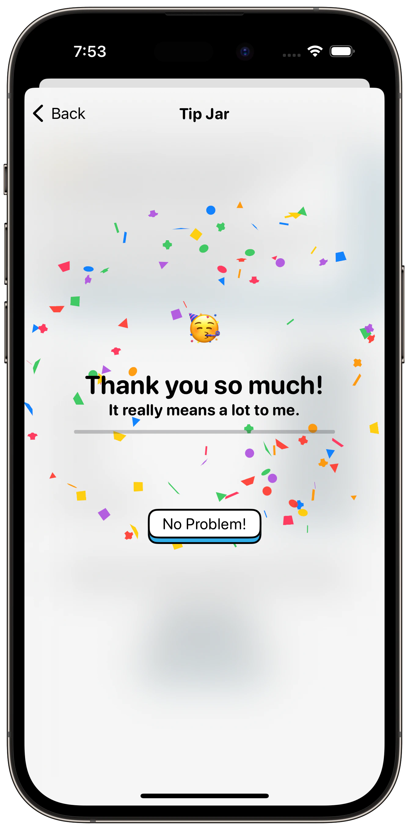 Screenshot of a thank you with confetti falling that is shown after a tip is purchased.