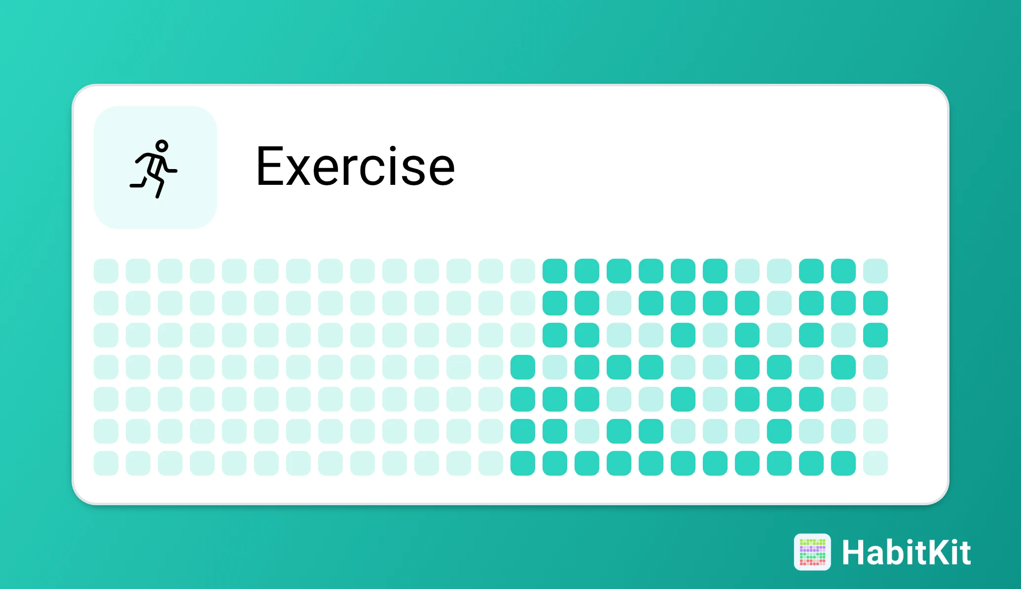 The image shows a green background with a white rectangular box in the center. Inside the box, the word "Exercise" is displayed in large text, and below it is a grid of smaller green squares, representing a visual representation of exercise or physical activity.